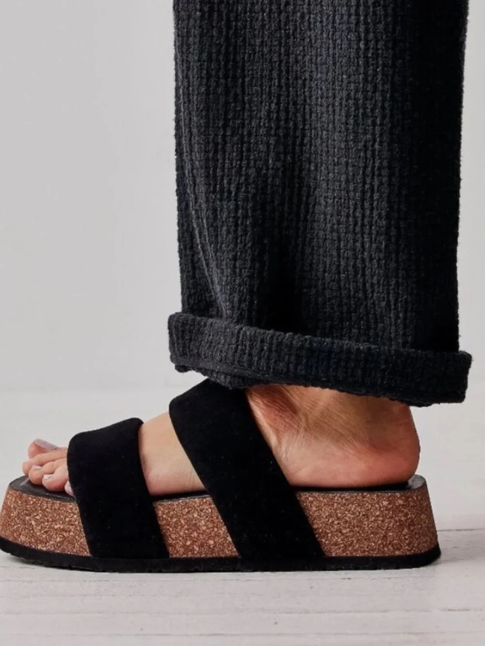 Free People NEW Fairmount Flared Black Suede Platform Slide Sandals Size 8.5